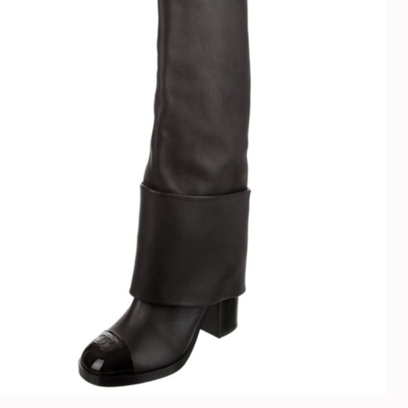 CHANEL Shoes - CHANEL Black Leather Cap Toe Foldover Mid-Heel Tall Boots